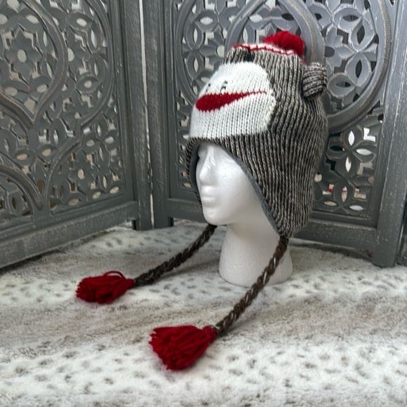 Sock Monkey knit beanie hat girls OS ear flaps braids preppy loungewear fall - Picture 1 of 11